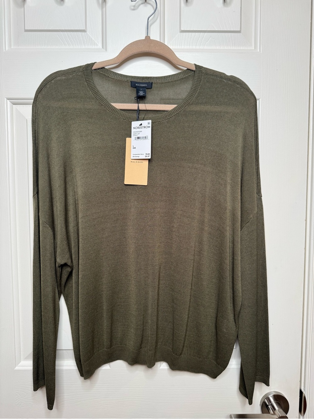 NWT Halogen Green Viscose Knit Sheer Lightweight Round Neck Dolman Sweater L